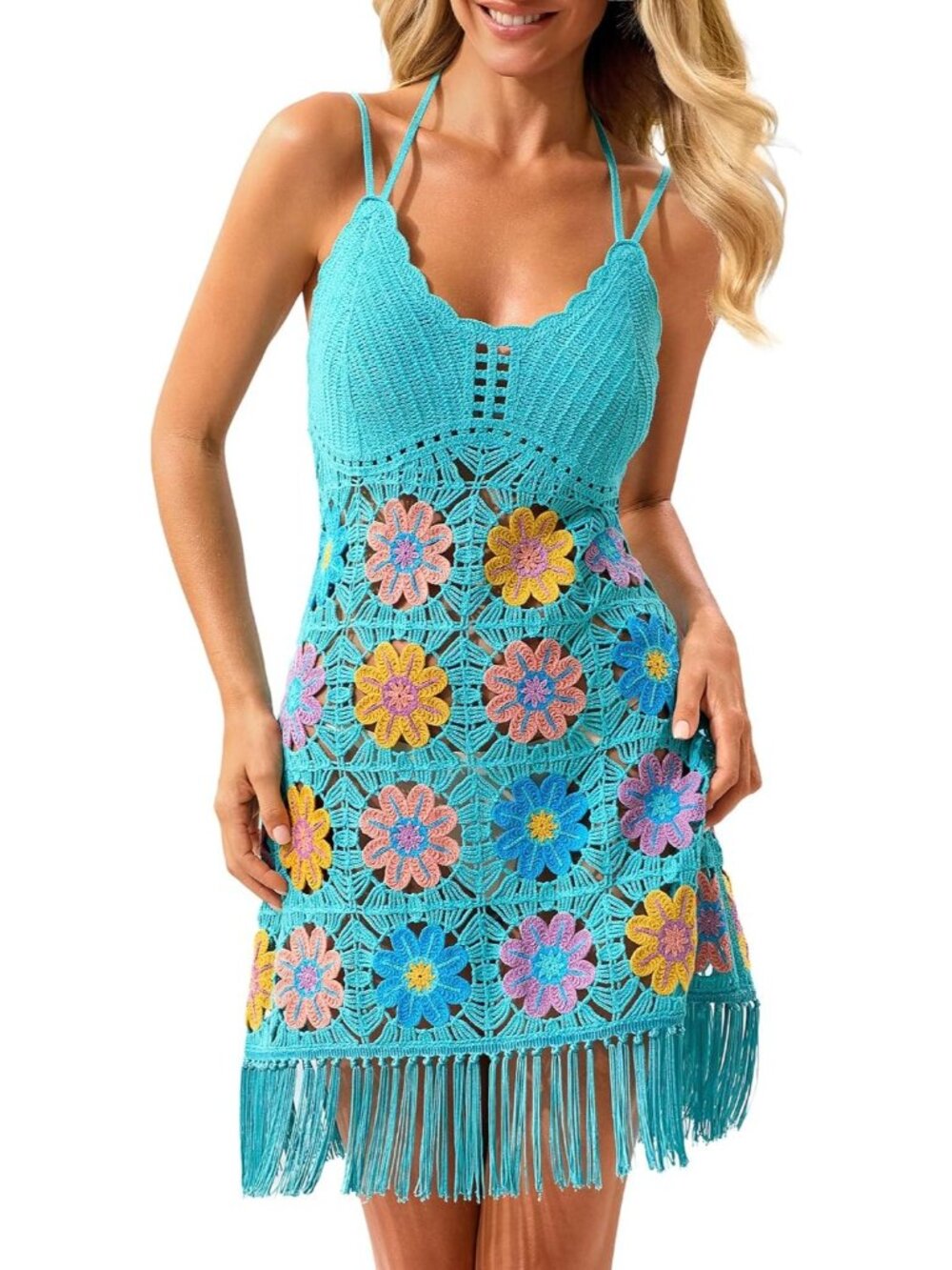 Women's Blue V Neck Beach Cover Up Cute Sunflower Fringe Hem Crochet Dress